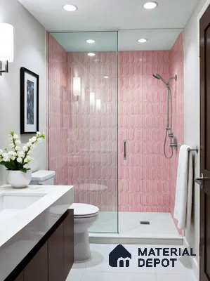 Modern bathroom with pink geometric wall tiles and white quartz countertop in 4 BHK apartment Casagrand Luxus K R Puram Bengaluru