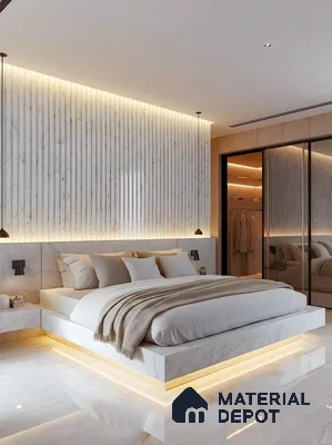 Modern bedroom with white marble fluted wall panels, marble platform bed, and glossy marble floor tiles in 4 BHK apartment Casagrand Luxus K R Puram Bengaluru