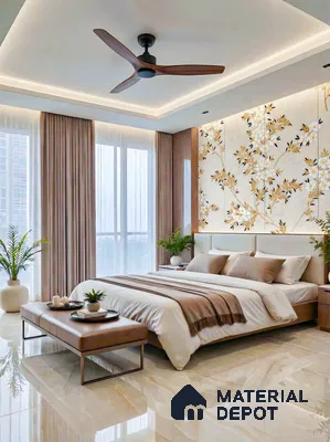 Modern bedroom with floral wallpaper accent, beige marble floor tiles, and taupe upholstered bed in 4 BHK apartment Casagrand Luxus K R Puram Bengaluru