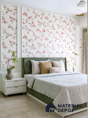 Modern bedroom with floral wallpaper, olive green suede upholstered bed, and beige marble floor in 4 BHK apartment Casagrand Luxus K R Puram Bengaluru