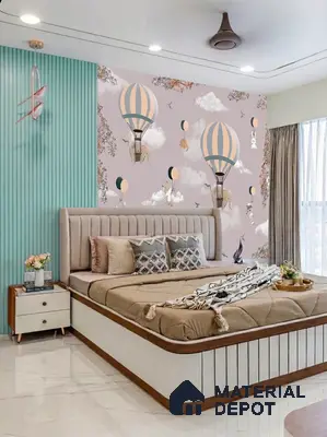 Modern kids room with pastel hot air balloon wallpaper, mint green fluted wall panels, and beige upholstered bed in 4 BHK apartment Casagrand Luxus K R Puram Bengaluru