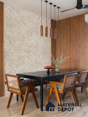 Mid-century modern dining room with geometric patterned wall tile and vertical oak wood louvers in 4 BHK apartment Casagrand Luxus K R Puram Bengaluru