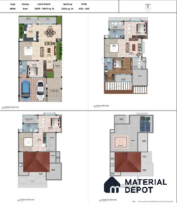 Modern 4BHK villa floor plan with open plan living, wooden flooring, and tiled terrace in 4 BHK apartment Casagrand Luxus K R Puram Bengaluru