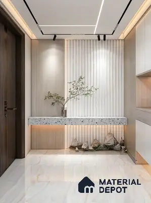 Japandi foyer with terrazzo console, fluted wall panels, and marble-look floor tiles in 4 BHK apartment Casagrand Luxus K R Puram Bengaluru