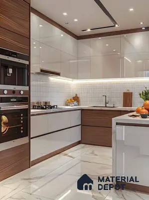 Modern L-shaped kitchen with walnut wood laminate, frosty white high gloss laminate, and marble floor tiles in 4 BHK apartment Casagrand Luxus K R Puram Bengaluru