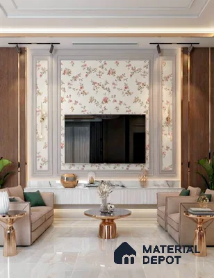 Art Deco living room with floral wallpaper, marble TV unit, and glossy beige floor tiles in 4 BHK apartment Casagrand Luxus K R Puram Bengaluru