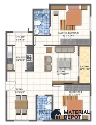 Modern apartment floor plan with tiled flooring, blue mosaic bathroom tiles, and wood finish furniture