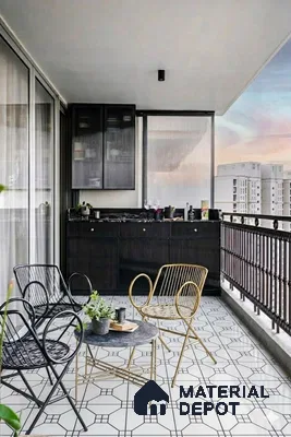 Modern balcony with black fluted cabinets, geometric patterned floor tiles, and metal accent furniture