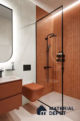 Modern bathroom with terracotta kitkat wall tiles and matte terracotta vanity