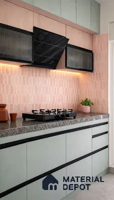 Modern kitchen with pastel green laminate, pink kitkat wall tiles, and granite countertop