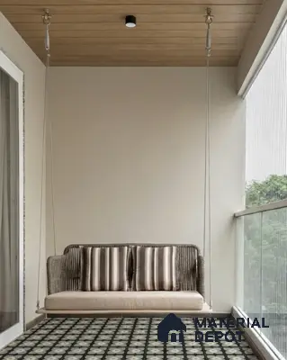 Modern balcony with patterned geometric floor tiles and wooden ceiling panels