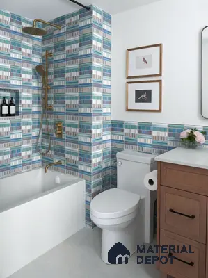 Modern bathroom with multicolor geometric wall tiles and wood vanity