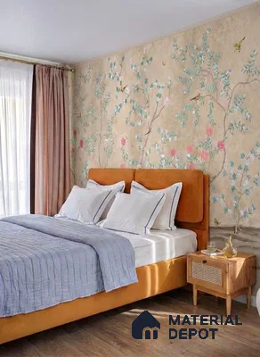 Japandi bedroom with chinoiserie floral wallpaper, suede upholstered bed, and natural wood flooring