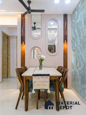 Modern dining room with wood dining set, fluted blue-green marble accent wall, and beige floor tiles