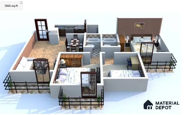 Modern 3BHK apartment layout with wood laminate wardrobes, tiled flooring, and contemporary kitchen