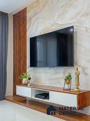 Modern TV unit with marble-look laminate panel and walnut wood laminate floating cabinet