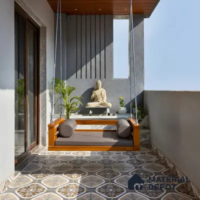 Modern balcony with patterned floor tiles, wooden ceiling, and grey textured wall