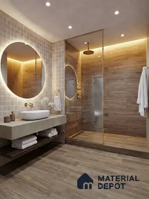Modern bathroom with wood-look floor and wall tiles, beige stone countertop, and square mosaic wall tiles