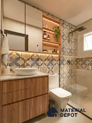 Modern bathroom with blue and beige patterned wall tiles and walnut wood vanity