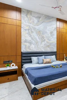 Modern bedroom with walnut wood laminate panels and grey marble accent wall