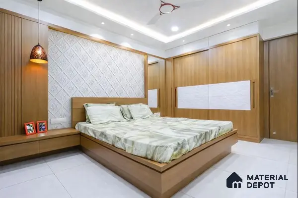 Modern bedroom with oak wood laminate, white 3D wall panels, and built-in wardrobe