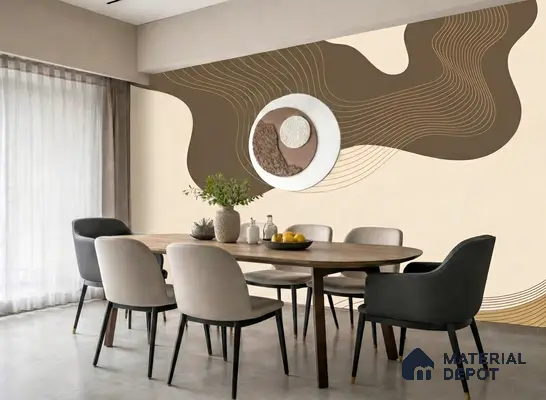 Modern dining room with abstract geometric wallpaper and light wood dining table