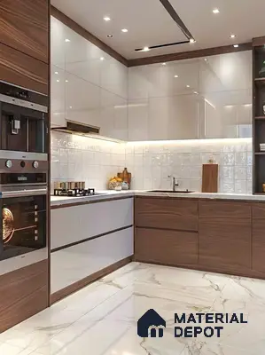 Modern kitchen with walnut wood laminate, glossy white laminate, and marble-look floor tiles