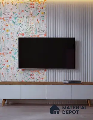 Scandinavian TV unit with floral wallpaper, white fluted wall panels, and wood top cabinet