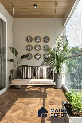Scandinavian balcony with wood-look patterned floor tiles and natural wood ceiling panels in Commanders Galaxy Thanisandra Main Road 3 BHK apartment Bengaluru