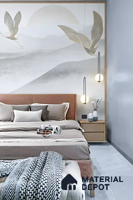 Japandi bedroom with chinoiserie wallpaper, natural wood furniture, and neutral tones in Commanders Galaxy Thanisandra Main Road 3 BHK apartment Bengaluru