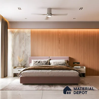 Minimalist bedroom with light wood laminate accent wall and suede upholstered bed in Commanders Galaxy Thanisandra Main Road 3 BHK apartment Bengaluru