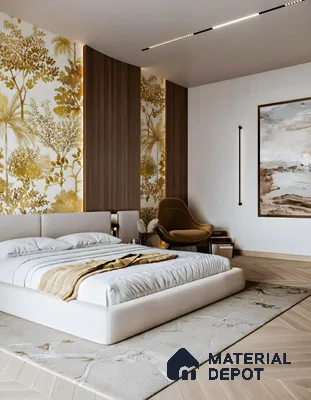 Modern bedroom with floral wallpaper, walnut wood panels, and light oak chevron flooring in Commanders Galaxy Thanisandra Main Road 3 BHK apartment Bengaluru