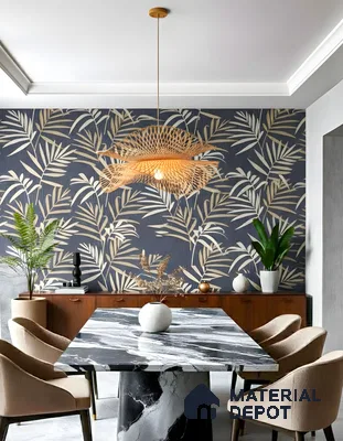 Modern dining room with black and white marble dining table and tropical patterned wallpaper in Commanders Galaxy Thanisandra Main Road 3 BHK apartment Bengaluru