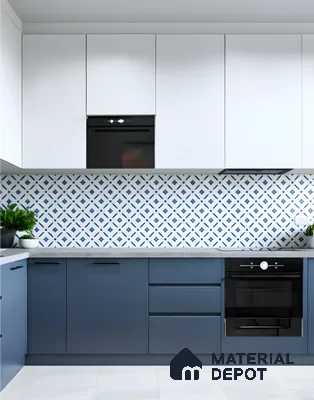 Modern dual tone kitchen with blue laminate base cabinets, frosty white laminate wall cabinets, and blue geometric patterned backsplash tiles in Commanders Galaxy Thanisandra Main Road 3 BHK apartment Bengaluru