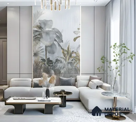 Modern living room with botanical wallpaper, beige wall panels, and marble coffee table in Commanders Galaxy Thanisandra Main Road 3 BHK apartment Bengaluru