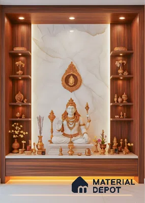 Modern pooja room with walnut wood laminate, white marble-look accent wall, and backlit panel in Commanders Galaxy Thanisandra Main Road 3 BHK apartment Bengaluru