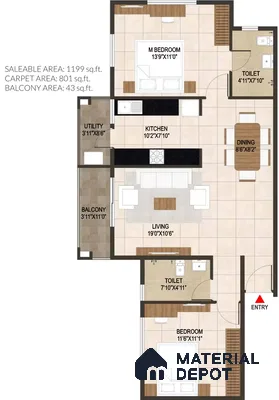 Modern apartment layout with beige floor tiles, wooden accents, and open plan living-dining area