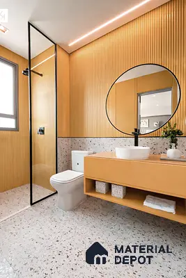 Modern bathroom with mustard fluted wall panels and terrazzo floor and wall tiles