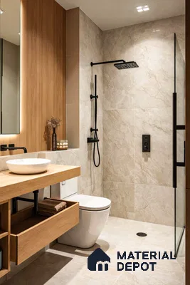 Modern bathroom with beige marble-look tiles and light oak wood vanity