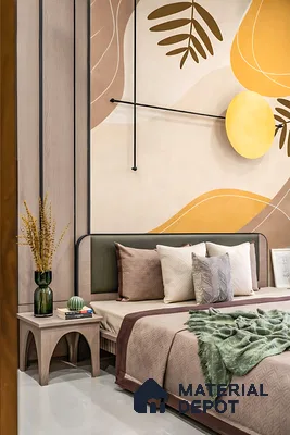 Modern bedroom with abstract wallpaper, light wood panels, and neutral upholstery