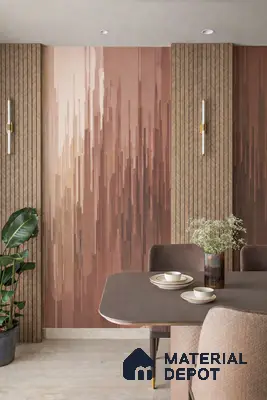Modern dining room with geometric patterned wallpaper and chevron wood wall panels
