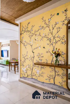 Eclectic foyer with yellow chinoiserie wallpaper, wooden floating shelf, and glossy beige floor tiles