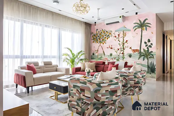 Eclectic living room with chinoiserie wallpaper, velvet upholstery, and patterned accent chairs