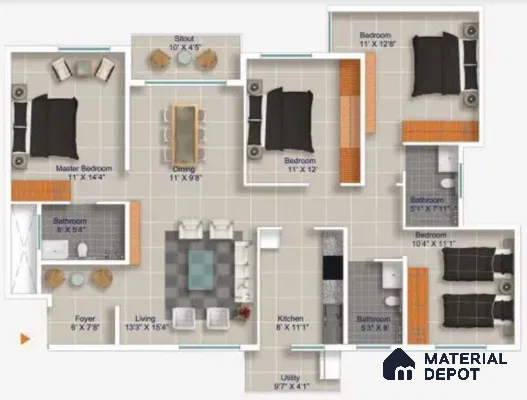 Modern apartment floor plan with tiled flooring and built-in wardrobes in 4 BHK apartment Cumin Genesis Apartment KR Puram Bengaluru