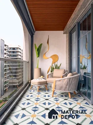 Scandinavian balcony with geometric patterned floor tiles and wooden ceiling panels in 4 BHK apartment Cumin Genesis Apartment KR Puram Bengaluru