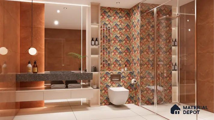 Modern bathroom with terracotta wall tiles, multicolor geometric patterned highlighter tiles, and floating vanity in 4 BHK apartment Cumin Genesis Apartment KR Puram Bengaluru