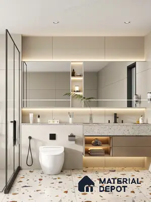 Modern bathroom with terrazzo floor tiles and beige wall tiles in 4 BHK apartment Cumin Genesis Apartment KR Puram Bengaluru