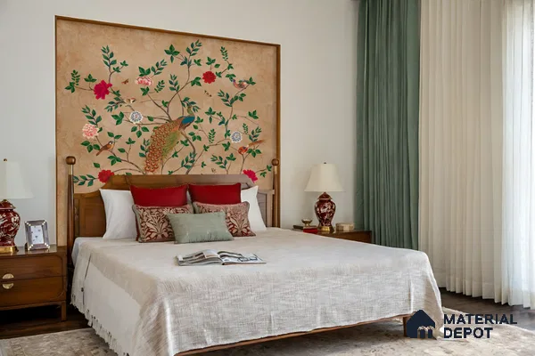 Traditional bedroom with chinoiserie wallpaper, wooden bed, and warm beige palette in 4 BHK apartment Cumin Genesis Apartment KR Puram Bengaluru