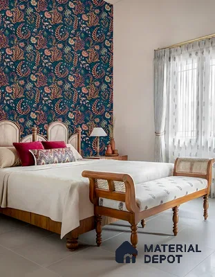 Traditional bedroom with floral wallpaper accent wall and natural wood furniture in 4 BHK apartment Cumin Genesis Apartment KR Puram Bengaluru