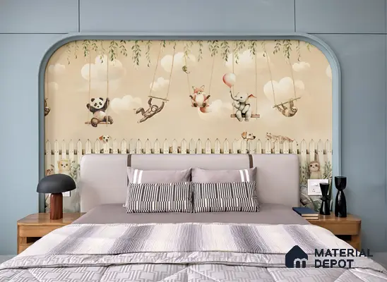 Modern kids room with animal print wallpaper and pastel blue wall panels in 4 BHK apartment Cumin Genesis Apartment KR Puram Bengaluru